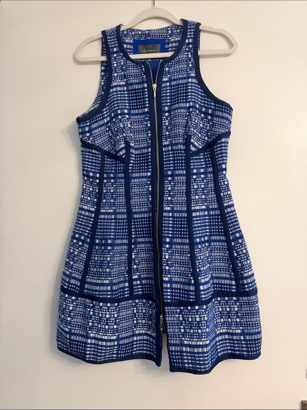 Anthropologie Blue and White Patterned Zip-Front Mini Dress